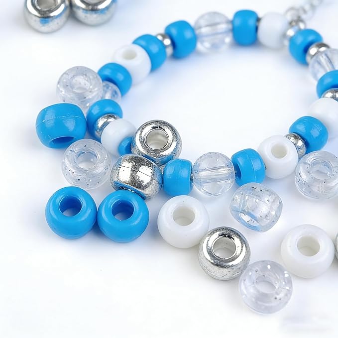 1000PCS 6x9mm Blue and White Pony Beads, Kandi Beads for Bracelets Making Kit, Hair Braids Crafts Jewelry Making Crafts Friendship Necklace Earrings DIY (Blue Silver Mixed Color)