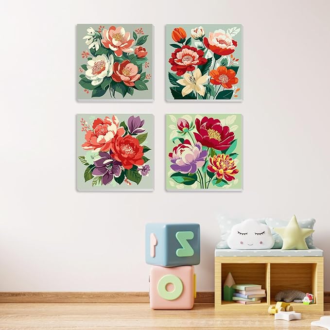 MXJSUA 4 Pack Peony Flowers Framed Paint by Numbers Kit with Canvas for Adults Beginner, DIY Acrylic Oil Painting Kits with Brushes for Home Wall Decor Gift (8x8 inch)