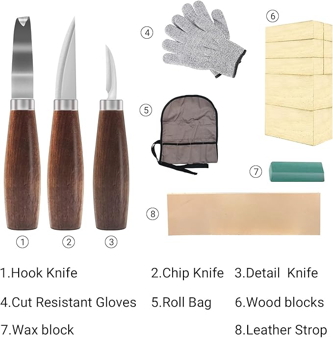 Cor cordium Wood Whittling Kit with Basswood Blocks Sets for Adults and Beginners,Carving Set Includes 3pcs Widdling Knife & 8pcs Blocks & Gloves,Gifts for Christmas,Fathers Day,Mothers Day