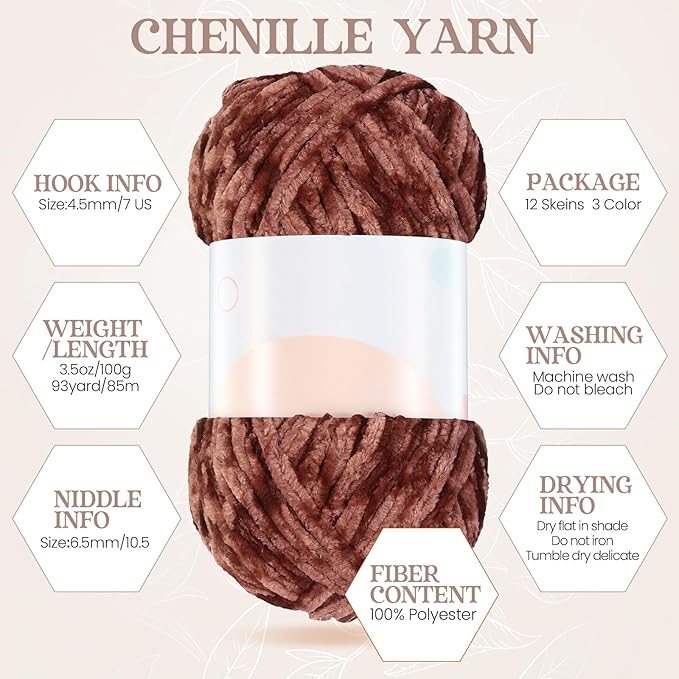 Xinnun 12 Skeins 1116 Yards Chenille Velvet Soft Thick Plush Yarn Bulk for Crocheting Knitting Blanket DIY Weaving Craft, 6mm, 3.5 Oz/Skein(Retro Color)