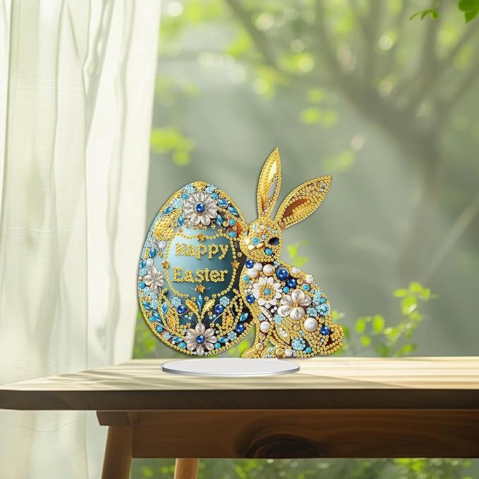 AIBOERL DIY Tabletop Diamond Art Painting Kit,Desktop Ornament Special Shaped Rhinestone Desk Placement Ornament,Home Stand Up Gem Painting Craft Kit,Gift,Double Sided (Easter Bunny 1)