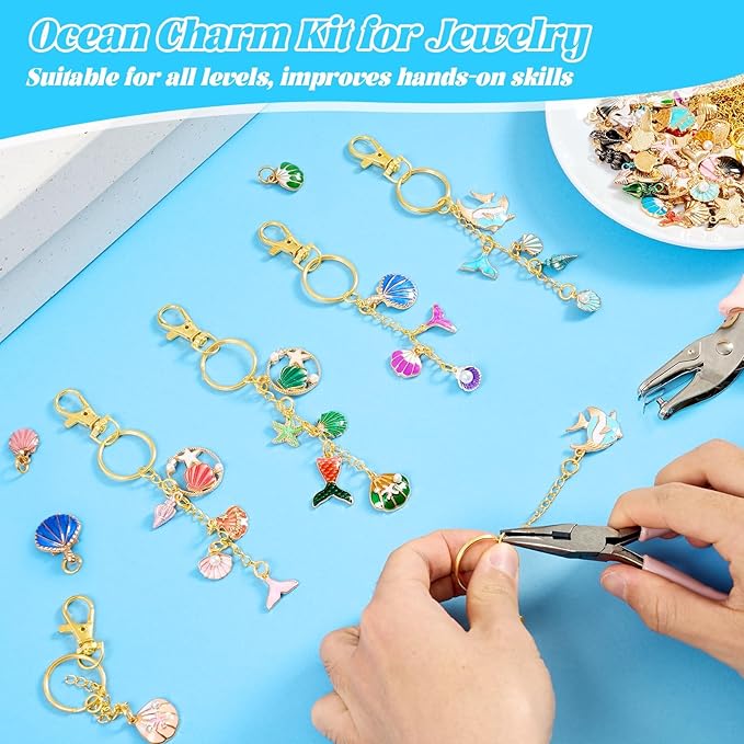 254 Pcs Ocean Themed Charms Lip Gloss Keychain Making Kit Include Summer Sea Beach Enamel Charms Keychain Clips Extender Chains Jump Ring Plier DIY Jewelry Crafts Gifts for Women Adults