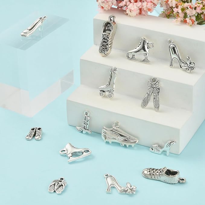 DanLingJewelry 120Pcs 12 Styles Tibetan Style High Heel Shoe Charms Boot Ballet Sneaker Shoes Charms for Jewelry Making Crafting