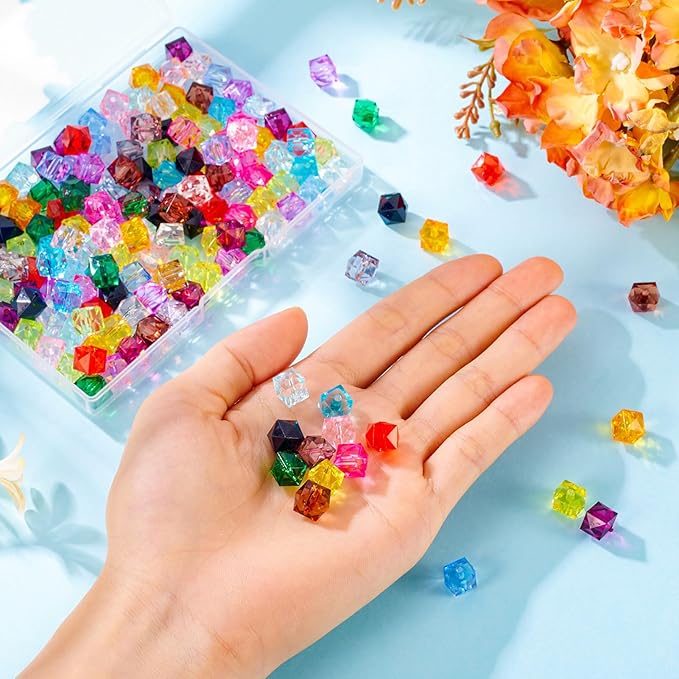 FASHEWELRY 160Pcs Clear Acrylic Cube Beads 10mm Square Crystal Beads Transparent Faceted Kandi Bead Colorful Cube Spacer Bead for Bracelets Necklace Earring DIY Jewelry Making
