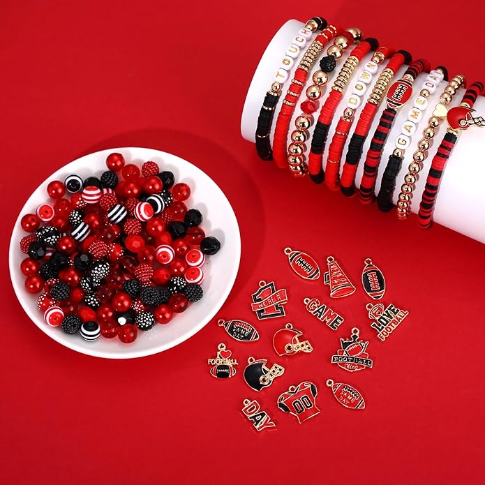 2200PCS+ Game Day Beads Charms for Bracelet Making Polymer Clay Beads Crystal Pearl Letter Gold Spacer Beads Football Charms for Game Day Bracelet Necklace Making DIY Crafts