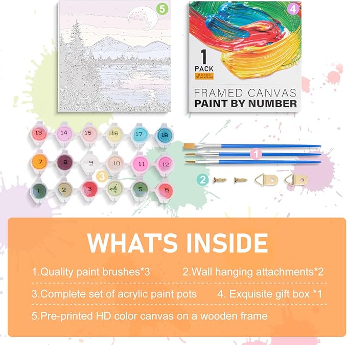 Offito Framed Paint by Numbers Kit for Adults Beginners & Kids Ages 8-12, Moon Acrylic Easy Paint by Number with Frame, Watercolor Paint by Number Kits on Canvas Framed (10 * 10 Inch, Without Easel)