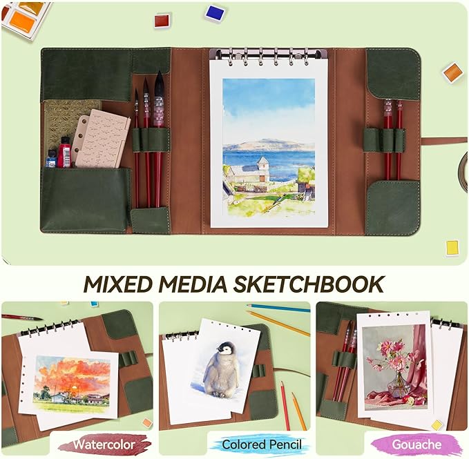 Lightwish Watercolor Pad - A5 20 Sheets 100% Cotton 300GSM Hot Press Paper | Detachable with Backing Board | All-in-One Travel Watercolor Journal with Brush Holders & Storage Pockets