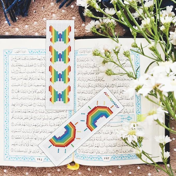 BEUNITONE Cross Stitch Bookmark Kit 6 Pcs Rainbow DIY Bookmarks Cross Stitch Kits for Adults Beginners Love Heart Pre-Sorted Floss Cross-Stitch Stamped Embroidery Kit with Instruction 8''x2.4''