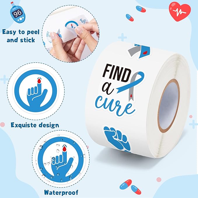beyumi diabetes awareness ribbon stickers - 1000pcs blue gray ribbon diabetes awareness roll stickers in 2 rolls inspirational waterproof vinyl decals for school event campaign laptop bottle decor kid