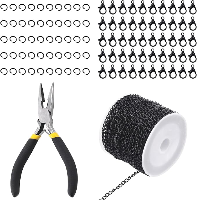 Rustark 102Pcs 4mm 30 Feet Black Jewelry Making Chains Kit Thin Necklace Bracelet Chain Twisted Links Curb Chain with Jump Rings Lobster Clasps and Pliers for Bracelet Necklace Jewelry Making