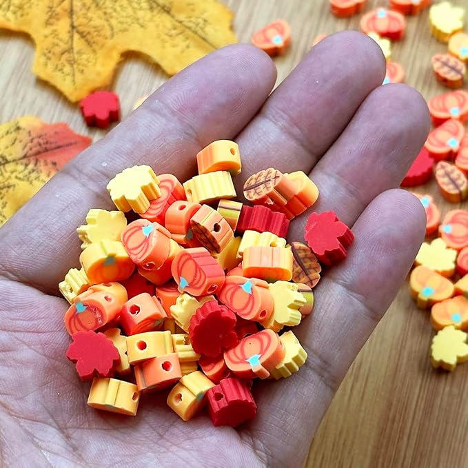Polymer Clay Fall Pumpkin Maple Loose Spacer Beads, 10mm Thanksgiving Autumn Maple Leaves Pumpkin Beads Charms for DIY Hair Clip Necklace Bracelet Jewelry Earring Handmade Craft Making