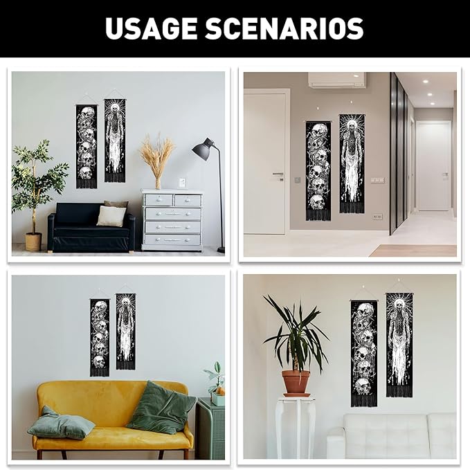 PLIGREAT 2 Pack Skeleton Tapestry with Tassels, 52" x 13" Black and White Aesthetic Wall Hanging Goth Style Vertical Home Art Tapestry for Bedroom Living Room Long Narrow Wall Hanging Art Decor