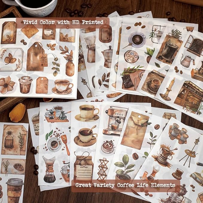 558pcs Coffee Journal Stickers, Ephemera for Junk Journaling Supplies, 50 Sheets Pre-Cut Washi Scrapbook Sticker Book for Scrapbooking, Bujo, Collage, Planners, DIY Art Crafts