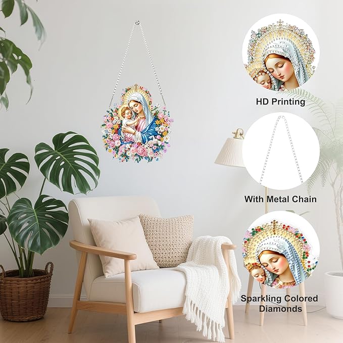 Religious Virgin Mary Diamond Art Hanging Ornaments Kits for Adults, Diamond Painting Pendant Kits, DIY Acrylic 5D Special Shaped Crystal Gem Art Painting Ornament for Home Wall Decor Gift 8x8 Inch