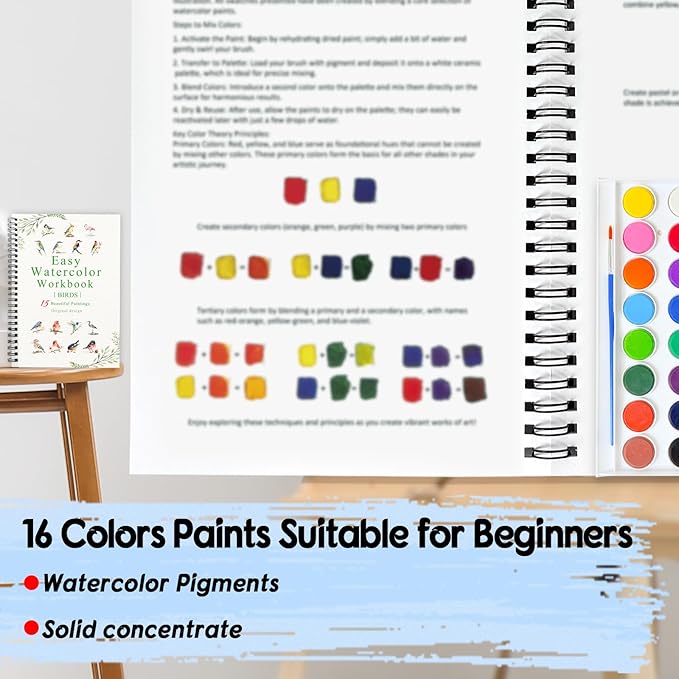 SLWBZ Watercolor Workbook Birds, 15 Different Patterns of Original DIY Designs, 16 Color Watercolor Paint Plates with Palette and Brush, Beginner-Friendly Watercolor Workbooks, Birds