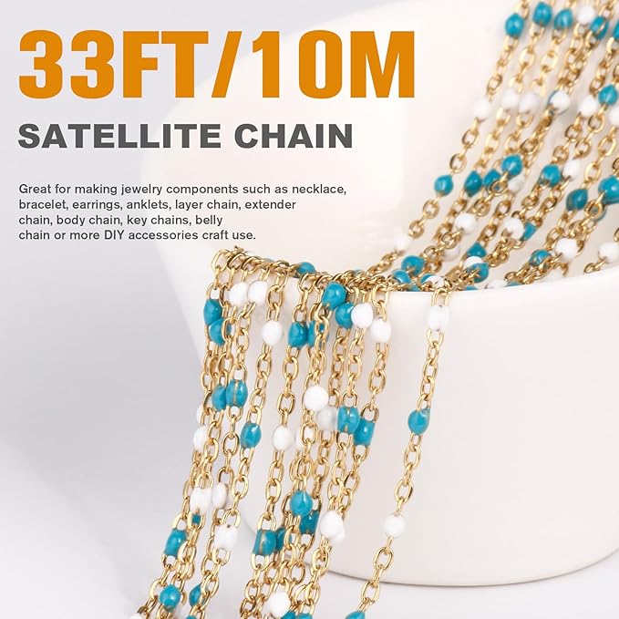 33 Feet Gold Enamel Chains Bulk, 2mm 18K Gold PVD Plated 304 Stainless Steel Blue White Enamel Beaded Cable Link Chain Roll Spool for Jewelry Making