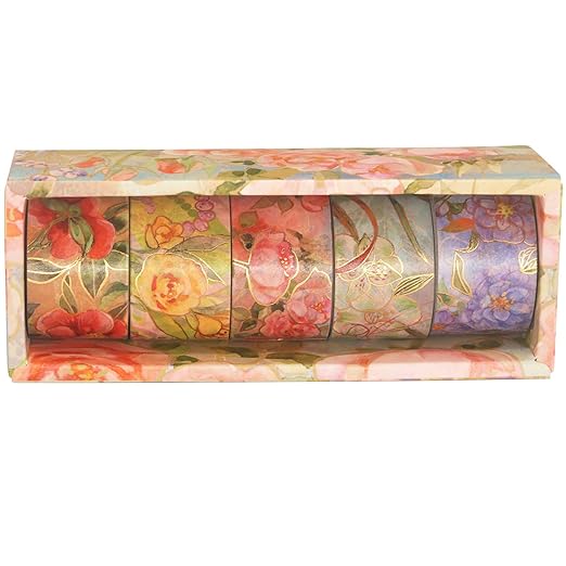 YUBBAEX Blooming Washi Tape Set Gold Foil Masking Tape Peony Wide Decorative for Arts, DIY Crafts, Journal Supplies, Planners, Scrapbook, Card/Gift Wrapping -25mm- (Red Flowers)
