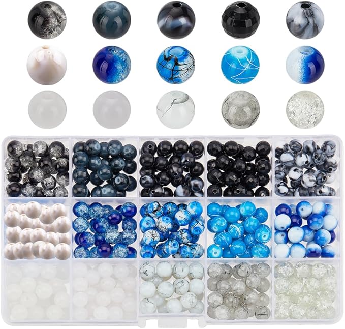 PH PandaHall 450pcs 8mm Black Blue Glass Beads, 15 Colors Ocean Sea Acrylic Bead Jewelry Loose Beads Round Bracelet Bead for Christmas Earring Necklace Bracelet Jewelry Making