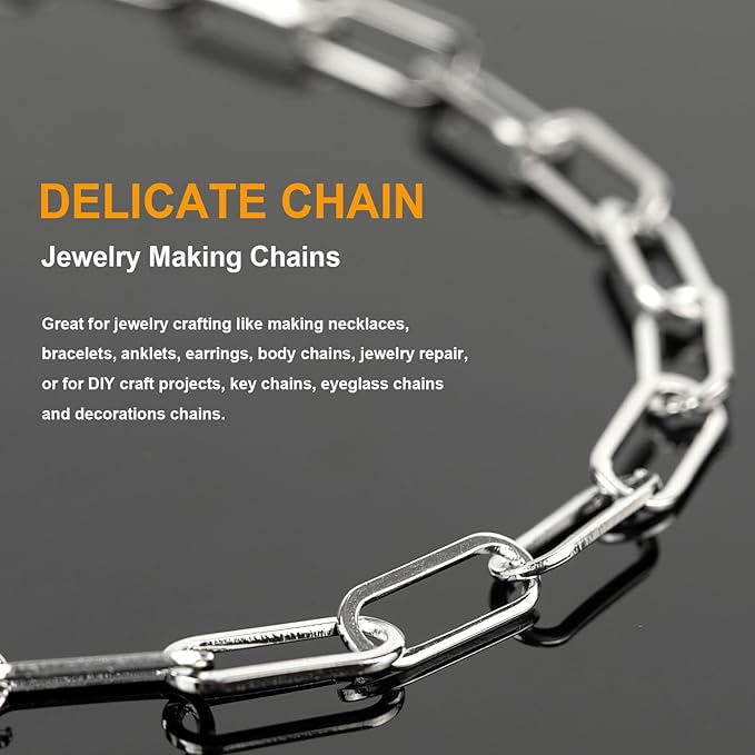 KYUNHOO Silver Jewelry Making Chain Roll Stainless Steel Paperclip Chains Bulk 5 Meters Long Craft Chain with Lobster Clasps Jump Rings for Men Women DIY Jewelry Supplies