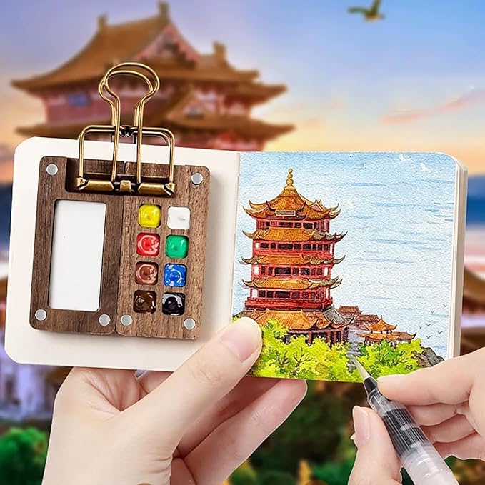 Mini Watercolor Paint Set Travel Watercolor Set Pocket Artist Watercolor Travel Set with Watercolor Palette,Watercolor Brushes, 12 Colors, Watercolor Sketchbook for Artists Painters Students(Wood)