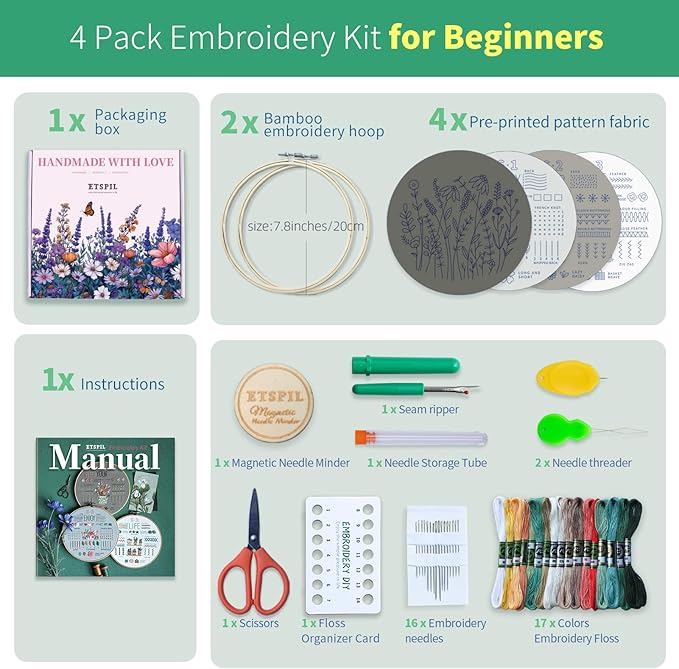 ETSPIL Embroidery Kit for Beginners, 4 Floral Patterns, Learn 33 Stitches, Pre-Printed Fabric, 7.8-Inch Hoop, Colored Threads and Needles, Easy Video Guide, DIY Hand Sewing Gift for Adults and Teens
