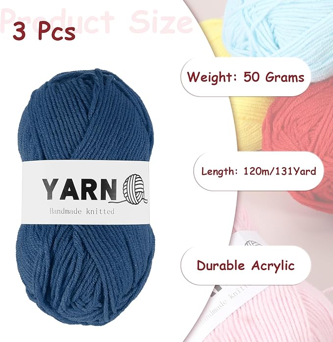 3Pcs Navy Blue Acrylic Yarn 400 Yard 4 Ply Soft Crochet Yarns Sport Weight Yarn,[for DIY Crocheting Knitting Craft Blankets Hats]-150g