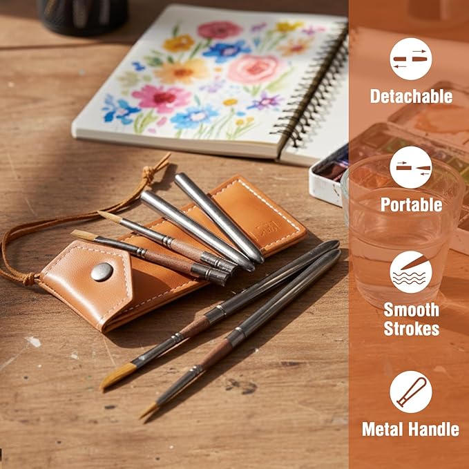 Falling in Art Travel Watercolor Brushes, 4 Pcs Travel Paintbrush Set with Leather Pouch for Acrylic, Gouache, Oil and Watercolor Painting