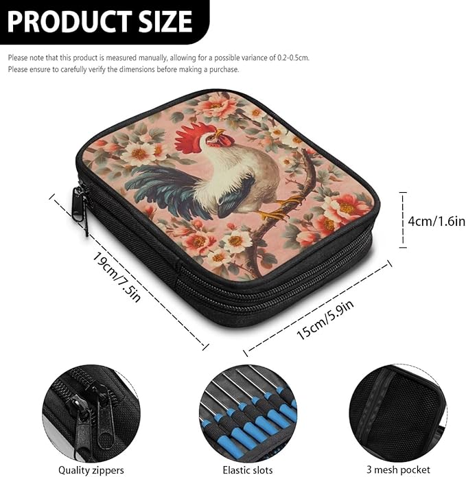Hechitok Chicken Flower Crochet Hook Case Without Hooks and Accessories Zipper Storage Organizer Bag with Web Pockets for Various Crochet Needles Accessories Crochet Hook Kit Tools
