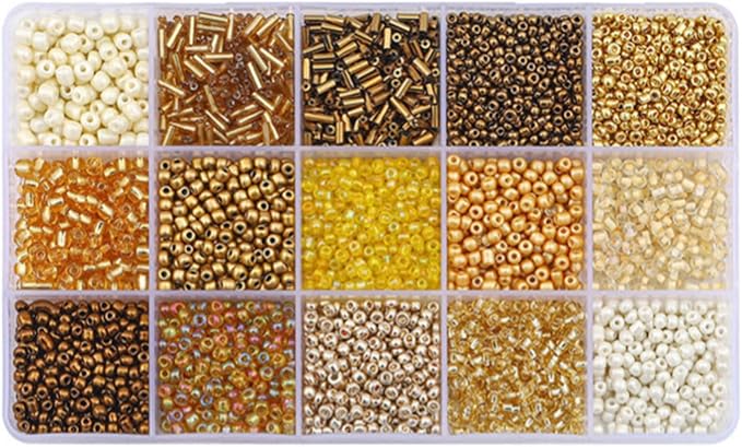 Mix 15 Color Glass Seed Tube Beads Glass Bugle Beads Loose Kit for Jewelry Making DIY Craft Beading (Mix 15 Color, Gold)