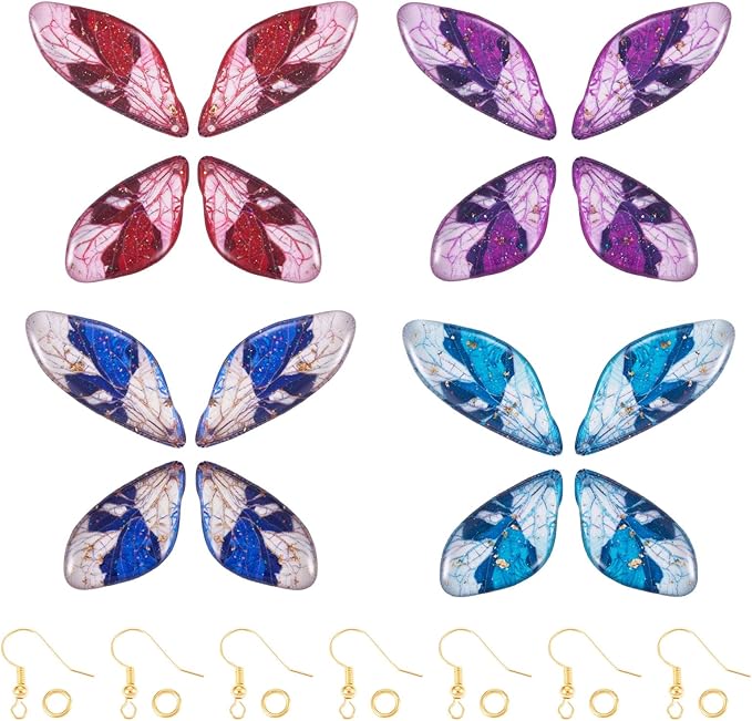 FASHEWELRY 16Pcs Resin Wing Charms Blue Purple Red Butterfly Wing Earring Charms Colorful Dragonfly Wings Pendants with Jump Rings Earrings Hooks for DIY Earring Jewelry Making Kits