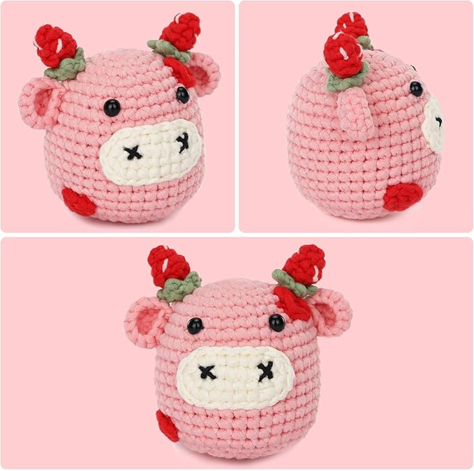 Crochet Kit for Beginners Adults - Cow Starters Crocheting Animal Kits for Teen, DIY Craft Birthday Gift with Crochet Yarns, Hook, Step-by-Step Video, Instruction and Crochet Accessories