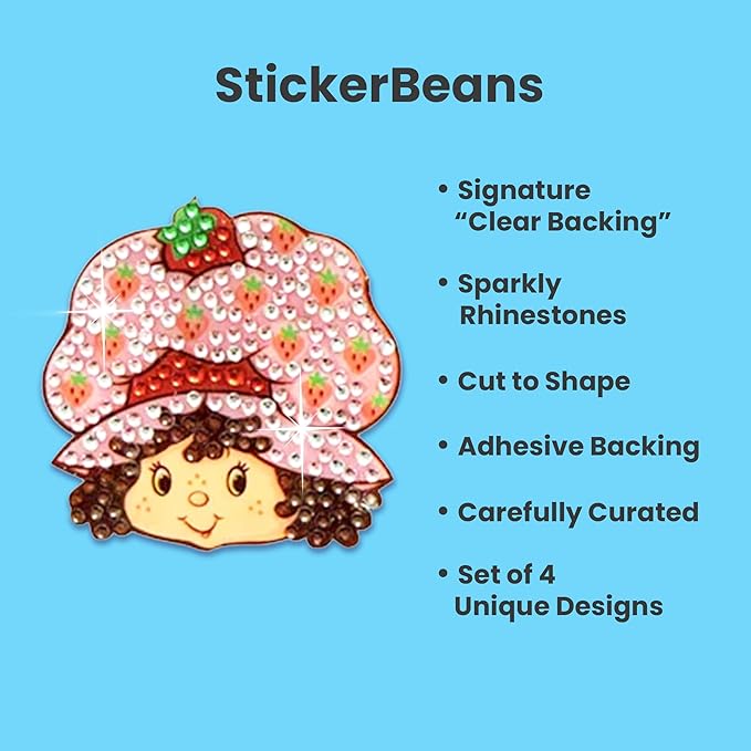 stickerbeans® rhinestone stickers boy meets girl® x strawberry shortcake® 4-pack, 2” x 2” sparkly cut-to-shape adhesive for collecting, trading, scrapbooking, laptops, phone cases for kids & teens