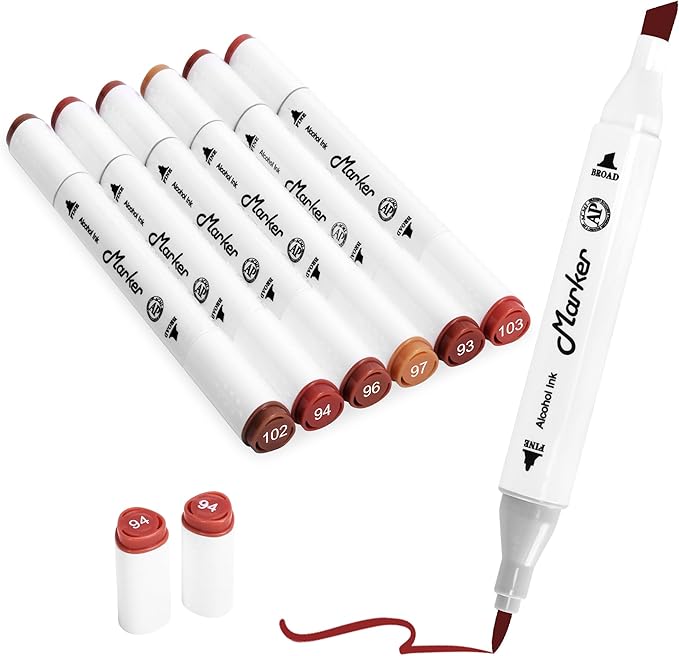 Brown Skin Tone Alcohol Markers, 6 Pack Dual Tips Soft Fine Tip and Broad Tip Permanent Art Marker for Artists Adults Coloring Drawing Illustration Sketching Painting (Skin Tone2)