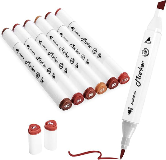 Brown Skin Tone Alcohol Markers, 6 Pack Dual Tips Soft Fine Tip and Broad Tip Permanent Art Marker for Artists Adults Coloring Drawing Illustration Sketching Painting (Skin Tone2)