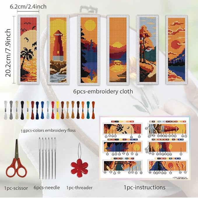 ORIGACH 6 Pcs Cross Stitch Bookmark Kit for Beginner Adults, Sunset Landscapes Stamped Embroidery Bookmark Kit with Instruction for Starters Printed Cross Stitch DIY Kits for Book Lovers
