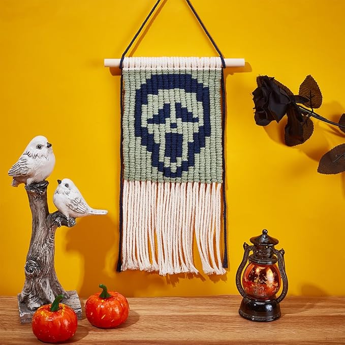 WEBEEDY 1 Set DIY Halloween Macrame Kit Skeleton Wall Hanging Kit Handmade Macrame Kit for Beginners with Step-by-Step Video Tutorials Halloween Skeleton Wall Hanging Ornaments for Home Room
