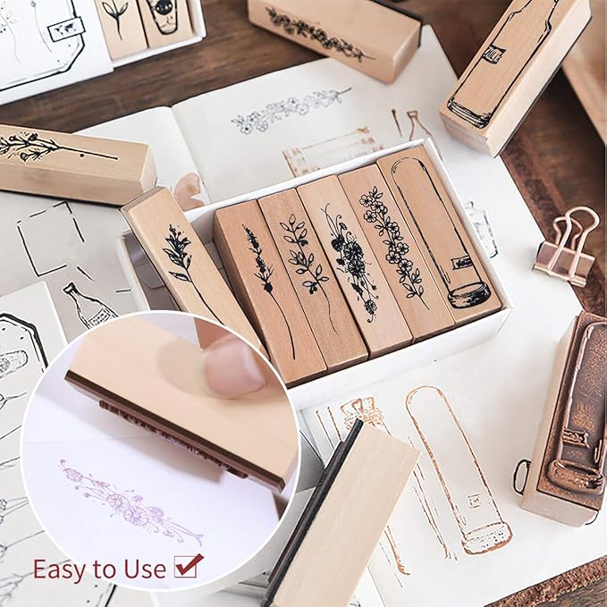 UCEC Wooden Plant Patterns Rubber Stamp, Plant and Flower Decorative Vintage Wooden Rubber Stamp Set for DIY Craft Card Scrapbooking Supplies Photo Album, Hand Book, Planner, Scrapbooking, 7Pcs