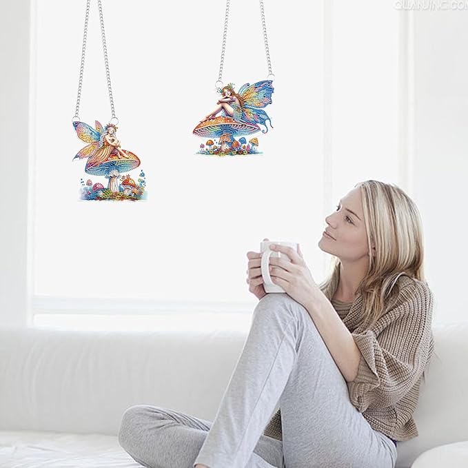 LazyFold 2PCS Diamond Art Hanging Pendant Kits for Adults, Mushroom Fairy DIY 5D Special Shape Diamond Art Painting Pendant Kits,Gem Art Suncatchers Painting Ornament for Home Garden Wall Decor Gift