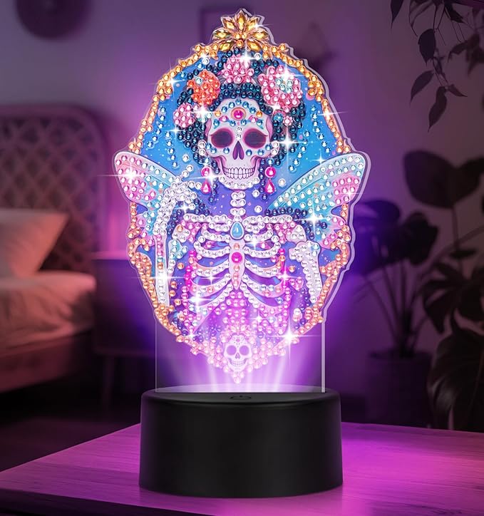 ALKALO Diamond Painting Night Light, Diamond Painting Kits for Adults Desktop Ornaments for Table Tabletop Decor Diamond Art Accessories for Adult Beginner Touch Lamp for Bedrooms Living Room-Skull
