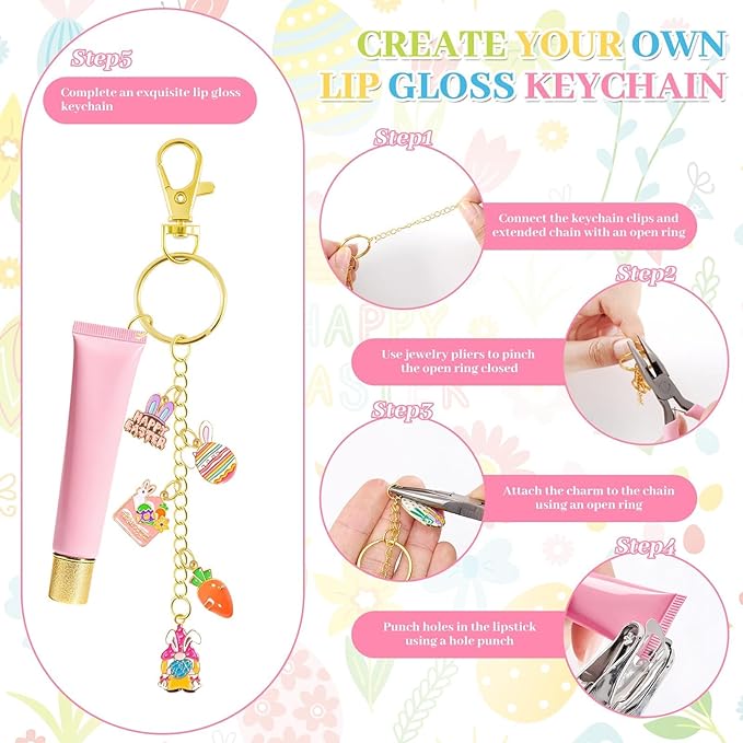 254 Pcs Cute Easter Charms Lip Gloss Keychain Making Kit Include Assorted Bunny Egg Rabbit Enamel Charms Keychain Clips Extender Chains Jump Ring DIY Jewelry Crafts Gifts for Women Adults