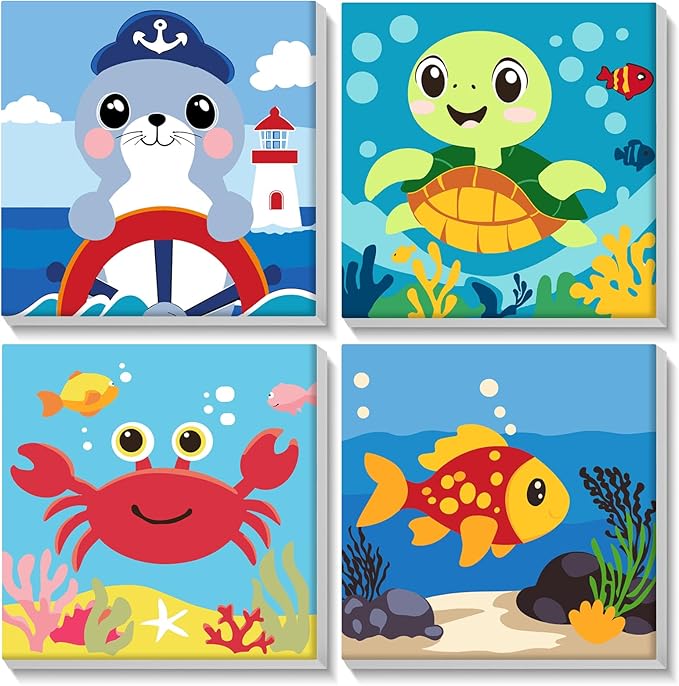 Lxmsja 4 Pack Ocean Pals Adventure Paint by Numbers Kit for Adults, Easy Framed Paint by Numbers for Adults Beginner, DIY Acrylic Oil Painting Craft Kits for Home Wall Decor 8x8 inch