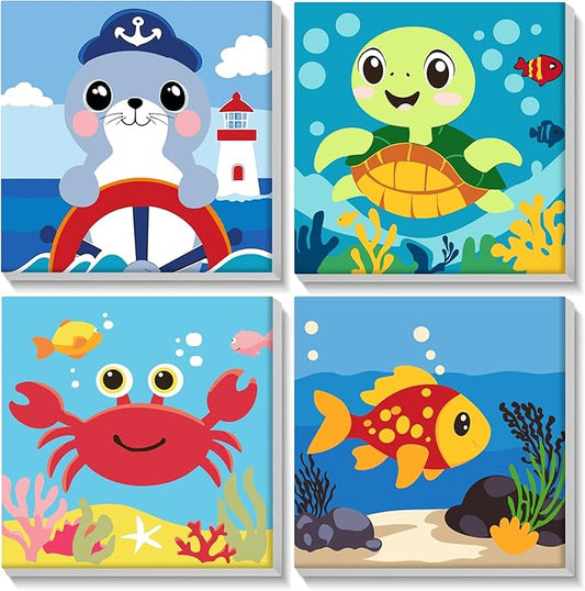 Lxmsja 4 Pack Ocean Pals Adventure Paint by Numbers Kit for Adults, Easy Framed Paint by Numbers for Adults Beginner, DIY Acrylic Oil Painting Craft Kits for Home Wall Decor 8x8 inch