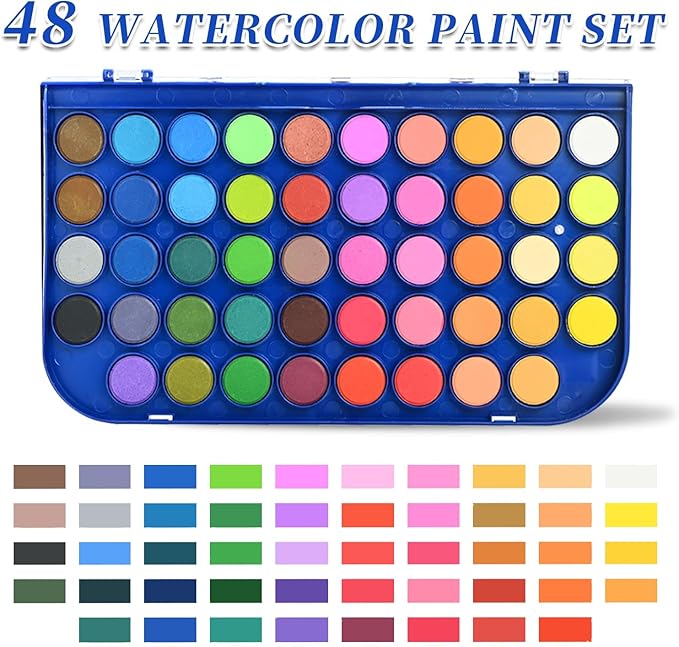Watercolor Paint Set, 48 Colors Non toxic Watercolor Paint with a Brush Refillable a Water Brush Pen and Palette, Washable Water Color Paints Sets for Adults Artist Beginner