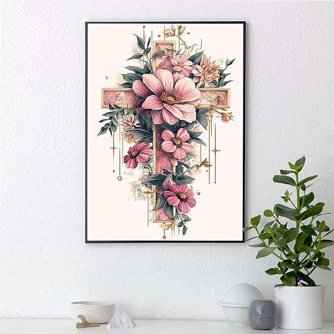 Yezavesu Cross Flower Diamond Art Kits for Adults, Religious 5D Diamond Painting Kit for Beginners, DIY Round Full Drill Painting with Gem Art Craft Kits for Home Wall Decor 12x 16 Inch