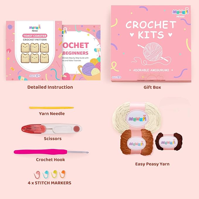 Mewaii Crochet Kit for Beginners Level 1 with 40% Extra Eco-Friendly Pre-Started Easy Yarn, Step-by-Step Video Tutorials for Adults and Kids (Toast Coaster)