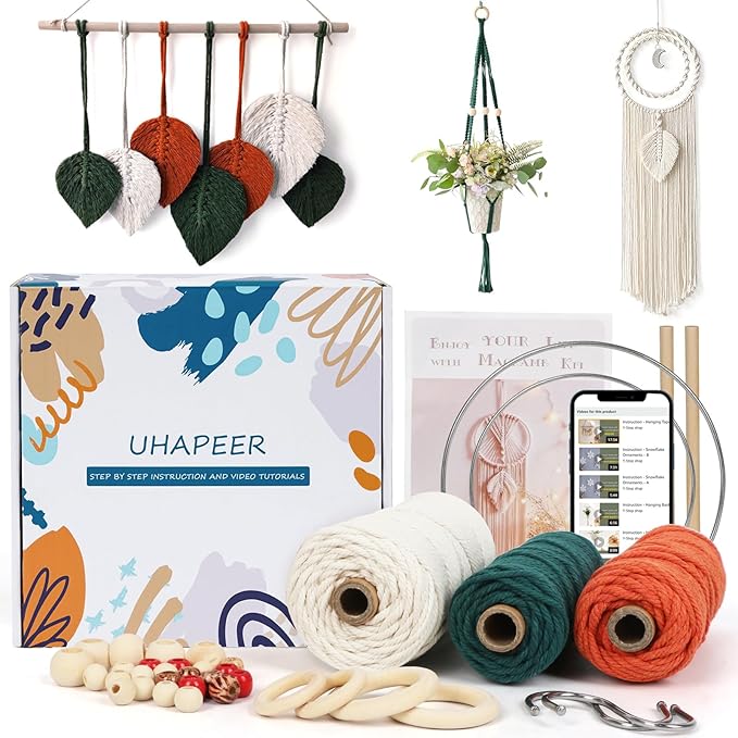 UHAPEER Macrame Kits for Adults Beginners, DIY Macrame Plant Hanger Kit and Macrame Supplies, with 3 mm Macrame Cord Cotton, Macrame Meads, Wooden Rings, Dream Catcher Rings, Craft Kits for Adults
