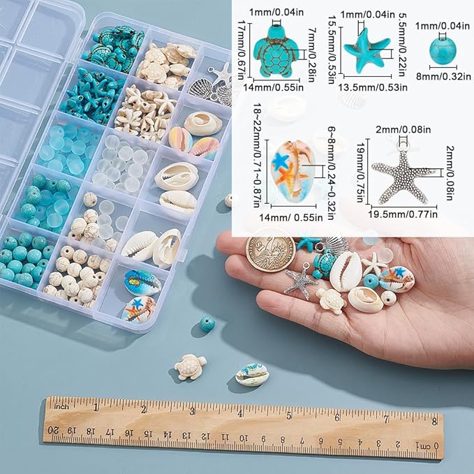 SUNNYCLUE 1 Box 210Pcs Starfish Bead Turtle Beads Lucky Turquoise Beads Bulk Summer Ocean Beads Sea Animal Charms Shell Beads Seashell Charms for Jewelry Making Beading Kits Women DIY Craft Supplies