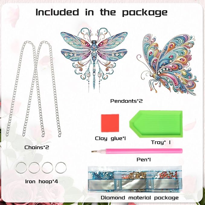 2 Pack Dreamy Dragonfly and Butterfly Diamond Art Pendants Ornaments – 5D Diamond Painting Hanging Decorations with Rhinestones – Acrylic Art Charms for Home, Car, or Gift