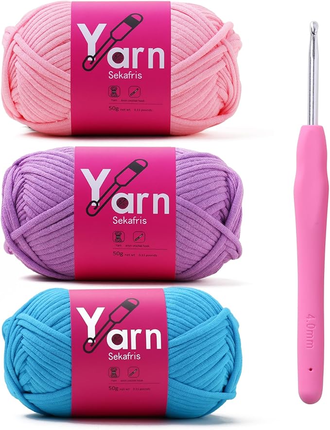 Crochet Yarn with Cotton - Chunky Yarn for Crocheting - Parfait Colors (Pink, Pale Purple, Lake Blue)