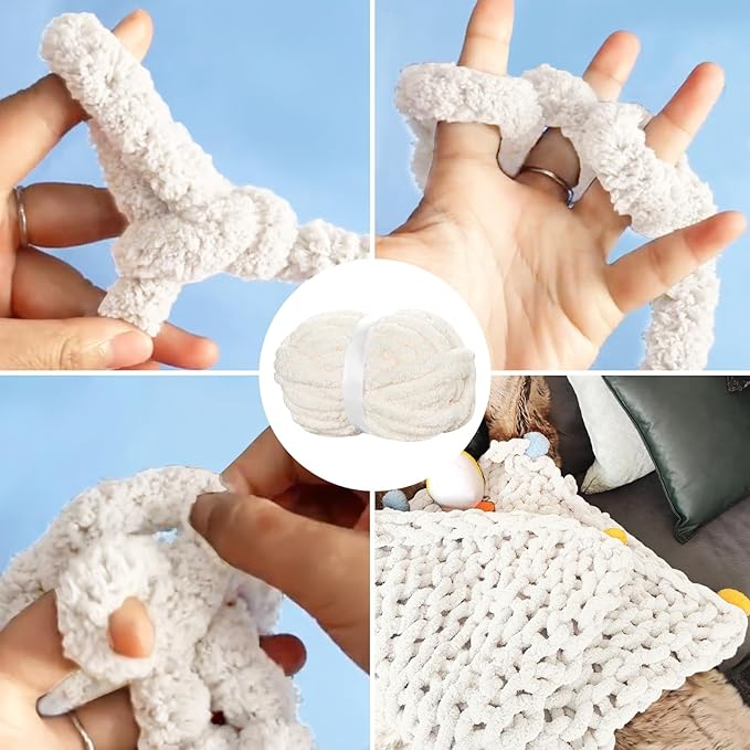 Chunky Chenille Yarn for Hand Knitting,Fluffy Soft Jumbo Yarn by Circular Needle & Crochet Hook,Super Bulky Big Yarn for Chunky Blanket,Large Thick Arm Knitting,8 Pack,Vintage White